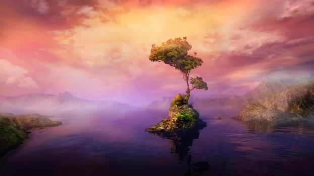 Fantastic landscape with a tree in the middle of a mountain lake. 3D render.