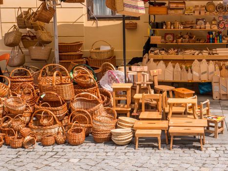 Wood and wicker products for sale. Booth on Sancirfest 2019, Varazdin, Croatia