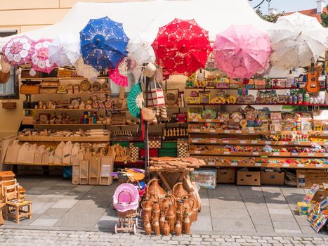 Wood and wicker products for sale. Booth on Sancirfest 2019, Varazdin, Croatia