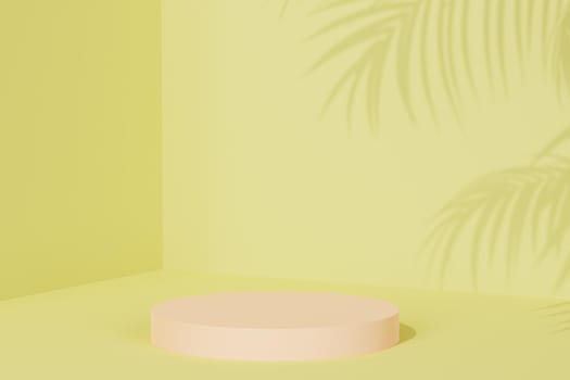 Podium or pedestal for products or advertising on pastel green background with tropical leaf shadow, 3d illustration render