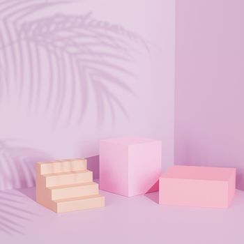 Square podiums or pedestals for products or advertising on pastel pink background with tropical leaf shadow, minimal 3d illustration render