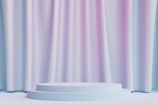 Cylinder podium or pedestal for products or advertising on neutral blue and pink background with curtains, minimal 3d illustration render