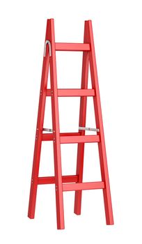 Red double sided wooden ladder isolated on white background