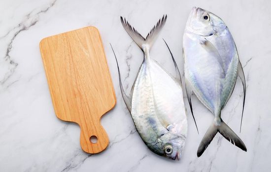 Fresh Longfin trevally fish set up on white marble kitchen table background. Top view and copy space.