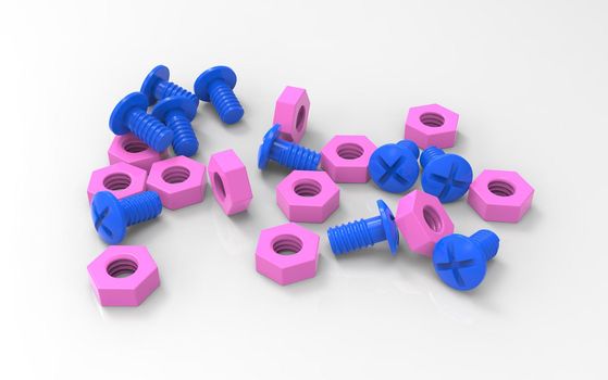 Plastic toy blue screw and pink nut couple. Male and female relations symbol. 3D illustration rendering