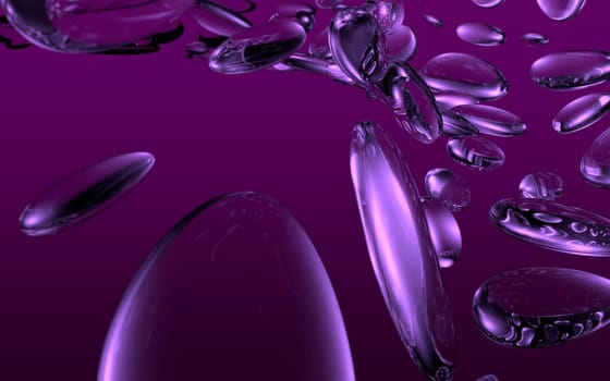Swirl of water droplets on a purple background. Abstract 3D illustration render with camera depth of field