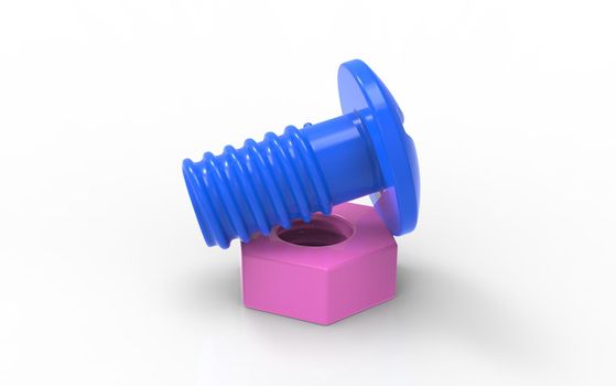 Plastic toy blue screw and pink nut couple. Male and female relations symbol. 3D illustration rendering