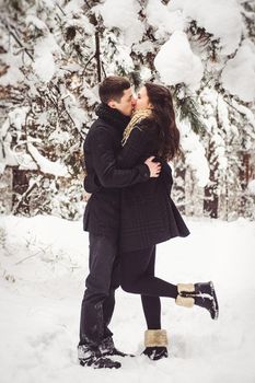 A guy and a girl in warm clothes and scarves on a walk in the snowy forest and in the field