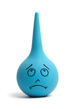 Funny blue cartoon rubber enema with a sad dumpish emotion isolated on white background
