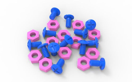 Plastic toy blue screw and pink nut couple. Male and female relations symbol. 3D illustration rendering