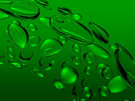 Swirl of water droplets on a green background. Abstract 3D illustration render