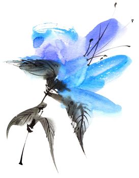 Watercolor and ink illustration of blue flower on white background. Oriental traditional painting in style sumi-e, u-sin and gohua. Design element for greeting card, invitation or cover.