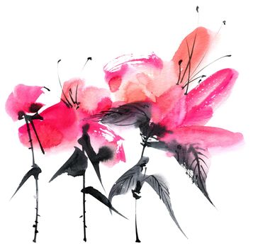 Watercolor and ink illustration of pink flowers on white background. Oriental traditional painting in style sumi-e, u-sin and gohua. Design element for greeting card, invitation or cover.