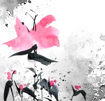 Watercolor and ink illustration of pink flowers on grunge texture background. Oriental traditional painting in style sumi-e, u-sin and gohua. Design element for greeting card, invitation or cover.