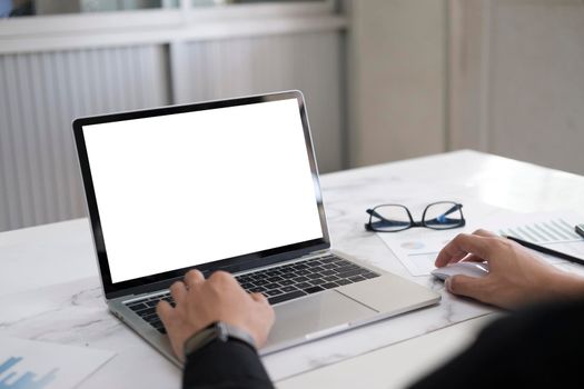 Cropping hands using computer laptop. Blank screen computer laptop  for graphic display montage.