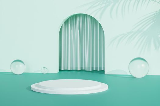 Podium or pedestal for products or advertising near to green mint empty entrance with curtains and tropical leaf shadows. 3D minimal rendering.