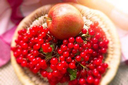 Ripe red apple and a sprig of viburnum with berries on a round wicker plate