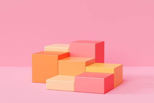 Orange square podiums or pedestals for products or advertising on pastel pink background, 3d illustration render