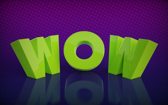 3d wow colored sign on blue purple comic background. Uppercase yellow letters with reflection