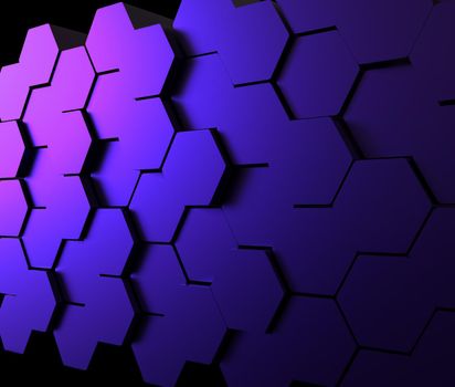 Abstract purple and blue retro neon hexagonal background. Futuristic technology concept. 3d rendering illustration. Wall hex geometry pattern. Carbon cells. Polygonal dark surface. Polished mosaic