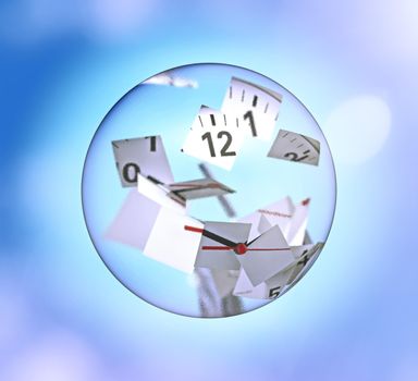 Clock broken into pieces inside a glass ball over a light blue bokeh background. 3D rendering illustration
