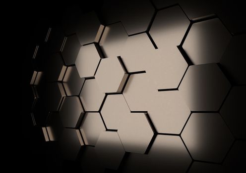 Abstract hexagonal background. Futuristic technology concept. 3d rendering illustration. Wall hex geometry pattern. Carbon cells. Polygonal dark surface. Polished mosaic