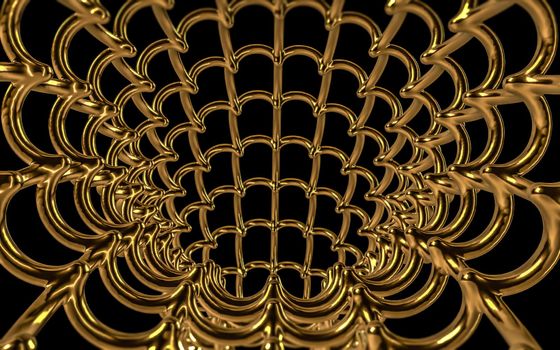Inside of abstract golden shiny metalic wire net. 3D rendering digital illustration