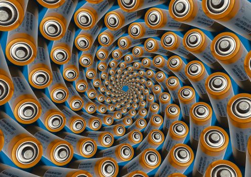 Alkaline AA orange metallic battery top view on blue background. Spiral pattern