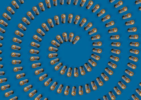 Alkaline AA orange metallic battery top view on blue background. Spiral pattern