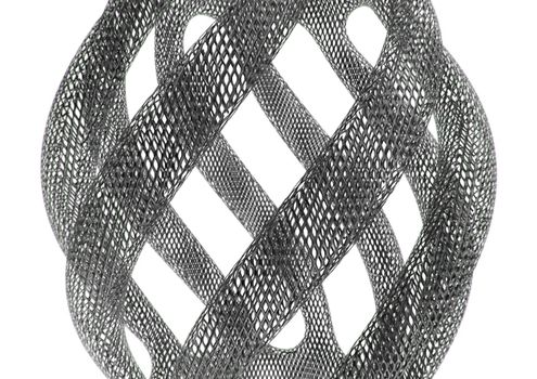 Abstract twisted tubes made of metal mesh netting on white background. 3D rendering illustration
