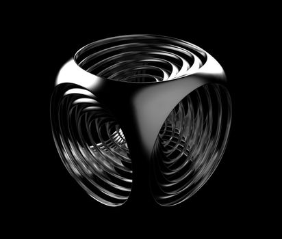 Black and white cubic abstraction. Repeating silver fillet cubes scaling down in size. Digital art, 3D rendering illustration