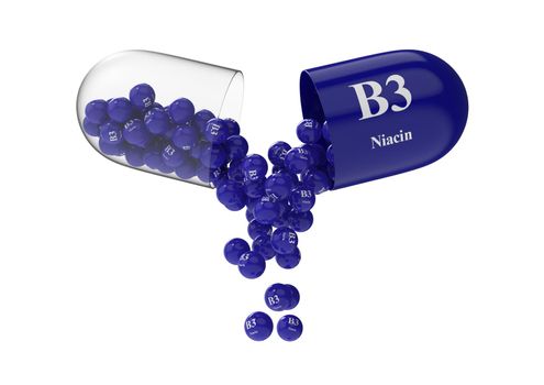 Open capsule with b3 niacin from which the vitamin composition is poured. Medical 3D rendering illustration