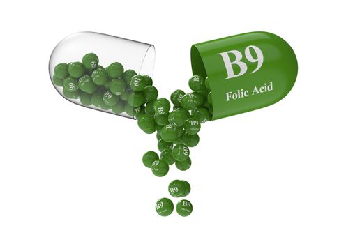 Open capsule with b9 folic acid from which the vitamin composition is poured. Medical 3D rendering illustration