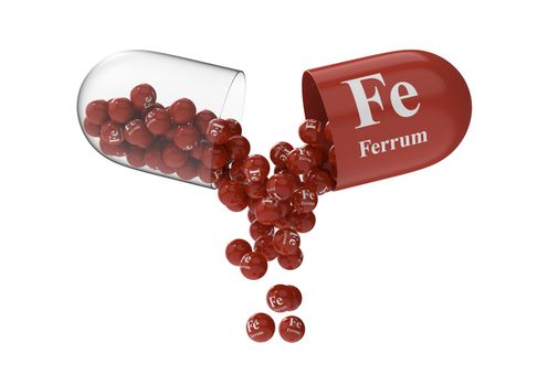 Open capsule with ferrum from which the vitamin composition is poured. Medical 3D rendering illustration
