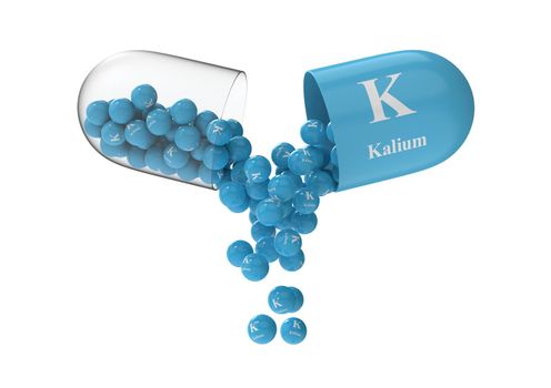Open capsule with kalium from which the vitamin composition is poured. Medical 3D rendering illustration
