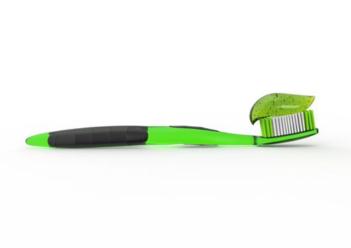 Green translucent plastic toothbrush with green transparent gel toothpaste. Side view, isolated on white background. 3D rendering illustration
