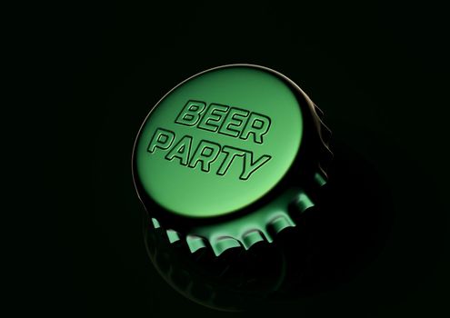 Beer bottle green cap on black background with beer party embossed lettering. 3D rendering illustration, close-up view