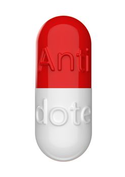 Red and white capsule with the inscription Antidote isolated on a white background. 3D rendering medical illustration, front view