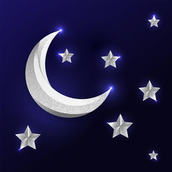 Silver moon and stars on dark blue night sky background.