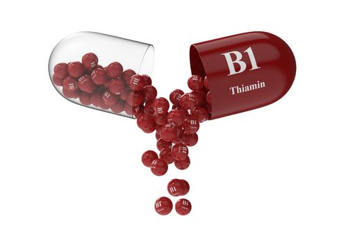 Open capsule with b1 thiamin from which the vitamin composition is poured. Medical 3D rendering illustration