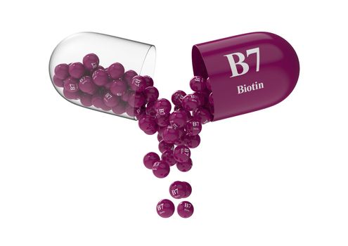 Open capsule with b7 biotin from which the vitamin composition is poured. Medical 3D rendering illustration