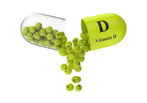 Open capsule with vitamin D from which the vitamin composition is poured. Medical 3D rendering illustration