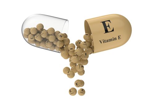 Open capsule with vitamin E from which the vitamin composition is poured. Medical 3D rendering illustration