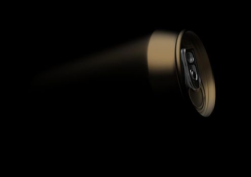 Golden soda can isolated on black. Partially visible macro shot. Stylish low key mockup composition. 3D rendering illustration