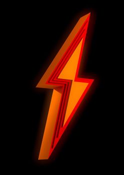 Orange beveled lightening bolt sign isolated on black background. Electricity and power symbol. 3D rendering, 3D illustration