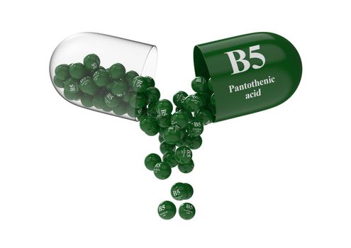 Open capsule with b5 pantothenic acid from which the vitamin composition is poured. Medical 3D rendering illustration