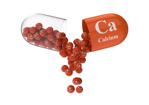 Open capsule with calcium from which the vitamin composition is poured. Medical 3D rendering illustration