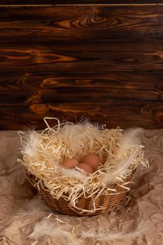 Chicken eggs lie on a wicked paper straw in a wicker basket on a dark wooden background in the morning sun