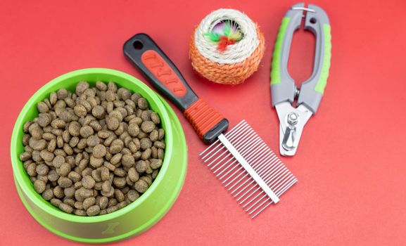 Dry food with pets accessories on red background