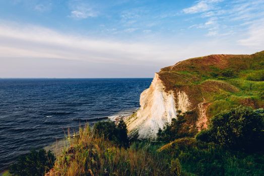 Landscape of a cliff next to the river. Lobach mountain on the Kama rivers estuary.